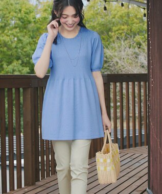 Tiaclasse リブ切替スカラップニットチュニック ブルー