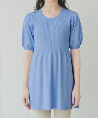 Tiaclasse リブ切替スカラップニットチュニック ブルー