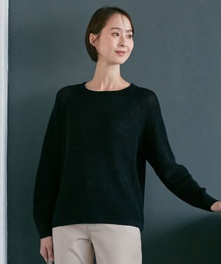 自由区 【XSサイズ～/洗える】リネンミドルゲージボートネック ニット ブラック系