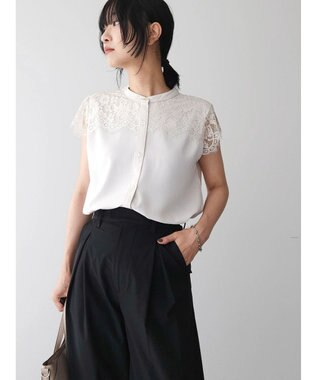 Green Parks 胸元レースフレンチスリーブブラウス Off White
