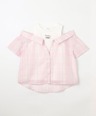 ANY KIDS 肩あきドッキング チェックシャツ ピンク