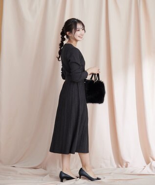 Tiaclasse 【洗える】プリーツ編みラメニットフレアワンピース ブラック