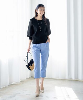 Tiaclasse L 【新色追加・洗える】異素材パフ袖トップス ブラック