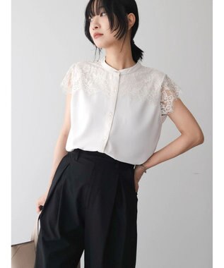Green Parks 胸元レースフレンチスリーブブラウス Off White