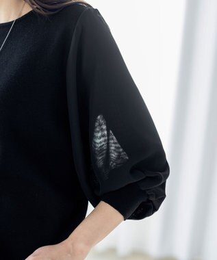 Tiaclasse L 【新色追加・洗える】異素材パフ袖トップス ブラック