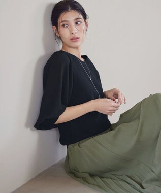 Tiaclasse L 【新色追加・洗える】異素材パフ袖トップス ブラック