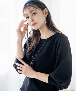 Tiaclasse L 【新色追加・洗える】異素材パフ袖トップス ブラック