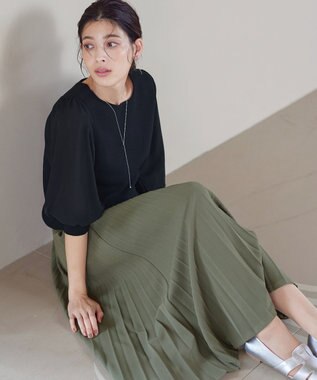 Tiaclasse L 【新色追加・洗える】異素材パフ袖トップス ブラック