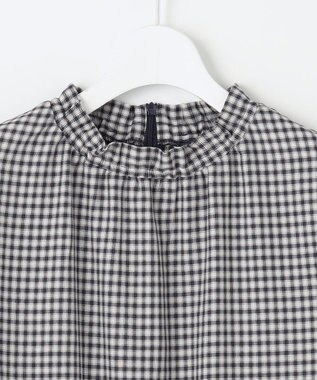 J.PRESS LADIES S 【洗える】ポリエステルヴィスコースブロックチェック フリルネック ブラウス チャコール×ピンク系