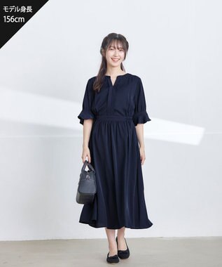 Tiaclasse 【洗える】キャンディースリーブ花柄ワンピース ネイビー