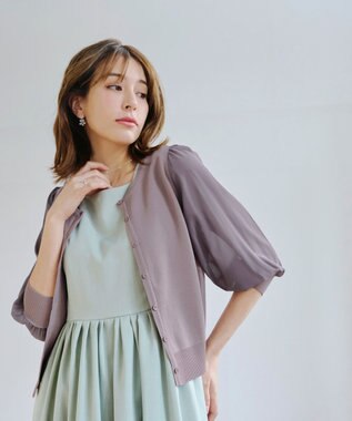  【洗える】パフスリーブコンビカーディガン