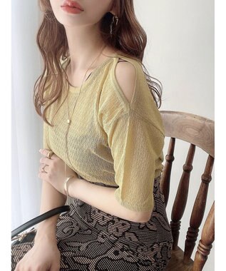 Green Parks 透かし編み肩あきニットプルオーバー Light Khaki