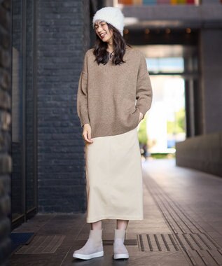 ANY L 【手洗い可/ウエストゴム】裏起毛ハイストレッチタイトスカート オフ