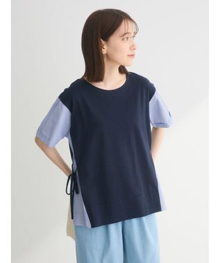 Green Parks 脇リボン５分袖布帛ドッキングプルオーバー Navy