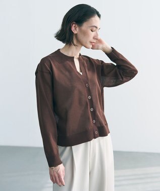 UNFILO シアーフォルムニット キーネックカーディガン ブラウン