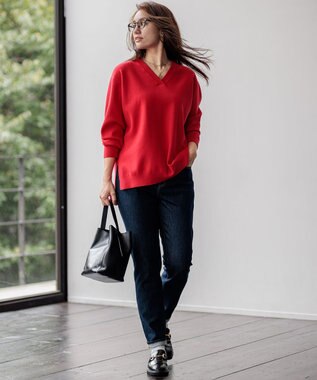 23区 L 【Lサイズ限定】ヴィスコースストレッチ Ｖネック ニット レッド系