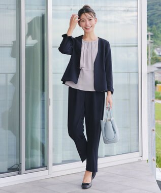 Tiaclasse 【ストレッチジョーゼット】スリットテーパードパンツ ネイビー