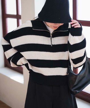 WEGO ハーフジップショートニットプルオーバー ブラックボーダー