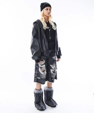 WEGO 【ユニセックス着用ITEM】PUフードブルゾン ブラック