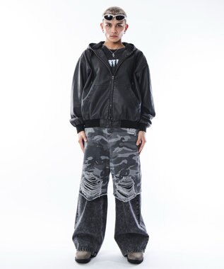 WEGO 【ユニセックス着用ITEM】PUフードブルゾン ブラック