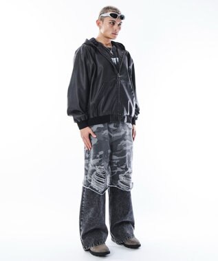 WEGO 【ユニセックス着用ITEM】PUフードブルゾン ブラック