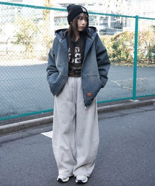 WEGO 【ウエストゴム/SMサイズ展開】裏起毛カーブデザインスウェットパンツ 杢グレー