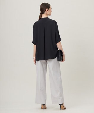 ICB L 【人気のため新色追加・接触冷感・UVケア・速乾・洗える】BackSatinAmunzen 5分袖バンドカラーブラウス ブラック系