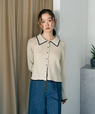 earth music&ecology バイカラートリムニットカーディガン Ivory