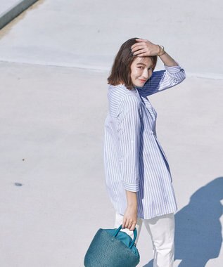 Tiaclasse 【新色追加・洗える】バンドカラーシャツチュニックブラウス オフホワイトストライプ