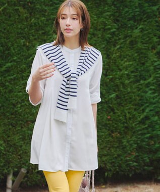 Tiaclasse 【新色追加・洗える】バンドカラーシャツチュニックブラウス オフホワイト