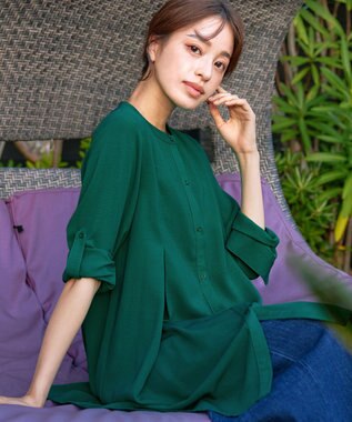 Tiaclasse 【新色追加・洗える】バンドカラーシャツチュニックブラウス グリーン