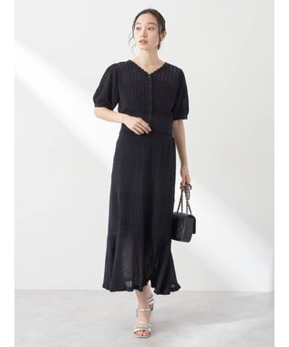 earth music&ecology ２点ＳＥＴ透かし編みカーディガン＋裾フレアスカート Dark Navy