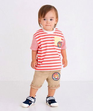 MIKI HOUSE HOT BISCUITS 【80-120cm】 ポケット付き 先染め ボーダー柄 半袖Tシャツ コーラルピンク