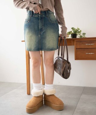 WEGO ヴィンテージウォッシュ台形デニムミニスカート デニム