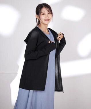 Tiaclasse L 【洗える】UVケア機能付きサマーニットロングジップパーカー ブラック