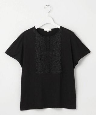 自由区 L 【洗える】コード刺繍胸元レース カットソー ブラック