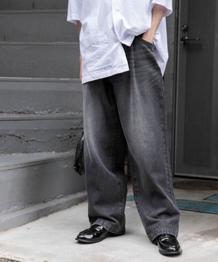 WEGO 【ユニセックス着用ITEM/ウエストゴム/SMLサイズ展開】デニムルーズテーパードパンツ ブラック