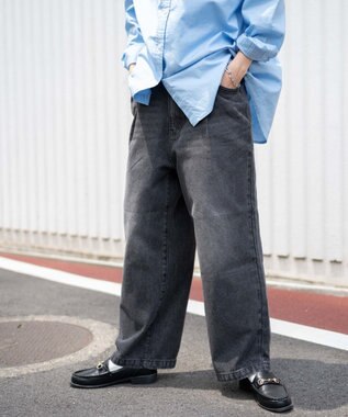 WEGO 【ユニセックス着用ITEM/ウエストゴム/SMLサイズ展開】デニムルーズテーパードパンツ ブラック