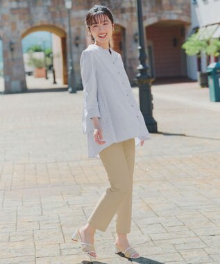 Tiaclasse バックタックフレアチュニック ネイビーストライプ