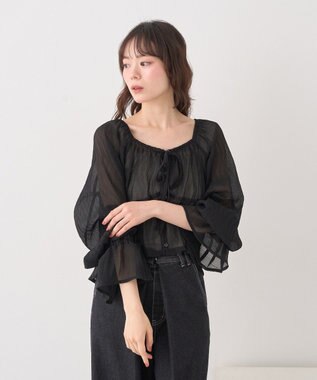 earth music&ecology ナローリボンくしゅくしゅギャザーブラウス Black