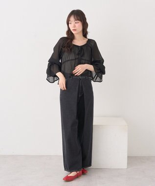 earth music&ecology ナローリボンくしゅくしゅギャザーブラウス Black