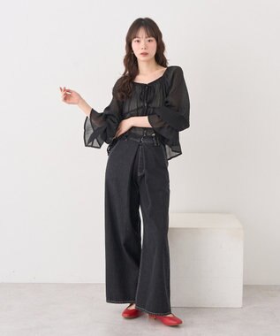 earth music&ecology ナローリボンくしゅくしゅギャザーブラウス Black