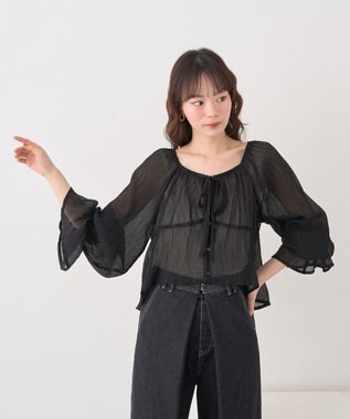 earth music&ecology ナローリボンくしゅくしゅギャザーブラウス Black