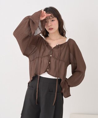 earth music&ecology ナローリボンくしゅくしゅギャザーブラウス Brown
