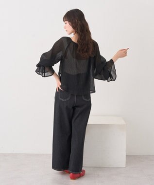 earth music&ecology ナローリボンくしゅくしゅギャザーブラウス Black