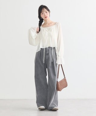 earth music&ecology ナローリボンくしゅくしゅギャザーブラウス Ivory