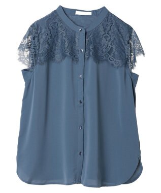 Green Parks 胸元レースフレンチスリーブブラウス Blue