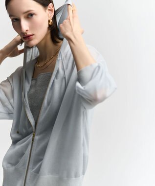 23区 シャイニーシアーニット ジップアップ パーカー スカイブルー系