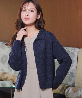 Tiaclasse 【着丈が選べる】ハイネックブークレカーディガン ショート丈ネイビー