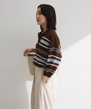 Green Parks 衿付き７分袖ニットプルオーバー Brown